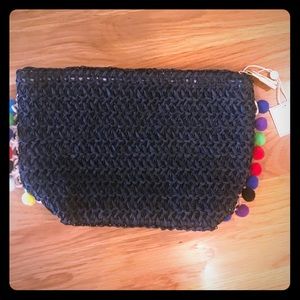 NWT Black pom pom clutch